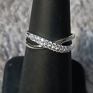 Classic 925 Sterling Silver Pave Crystal Crossover Ring - Silver